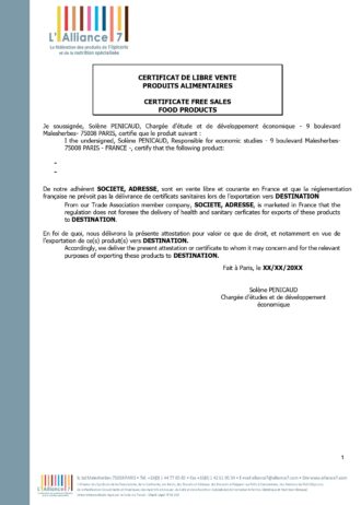 Certificat de libres ventes certifiés Chambre de commerce